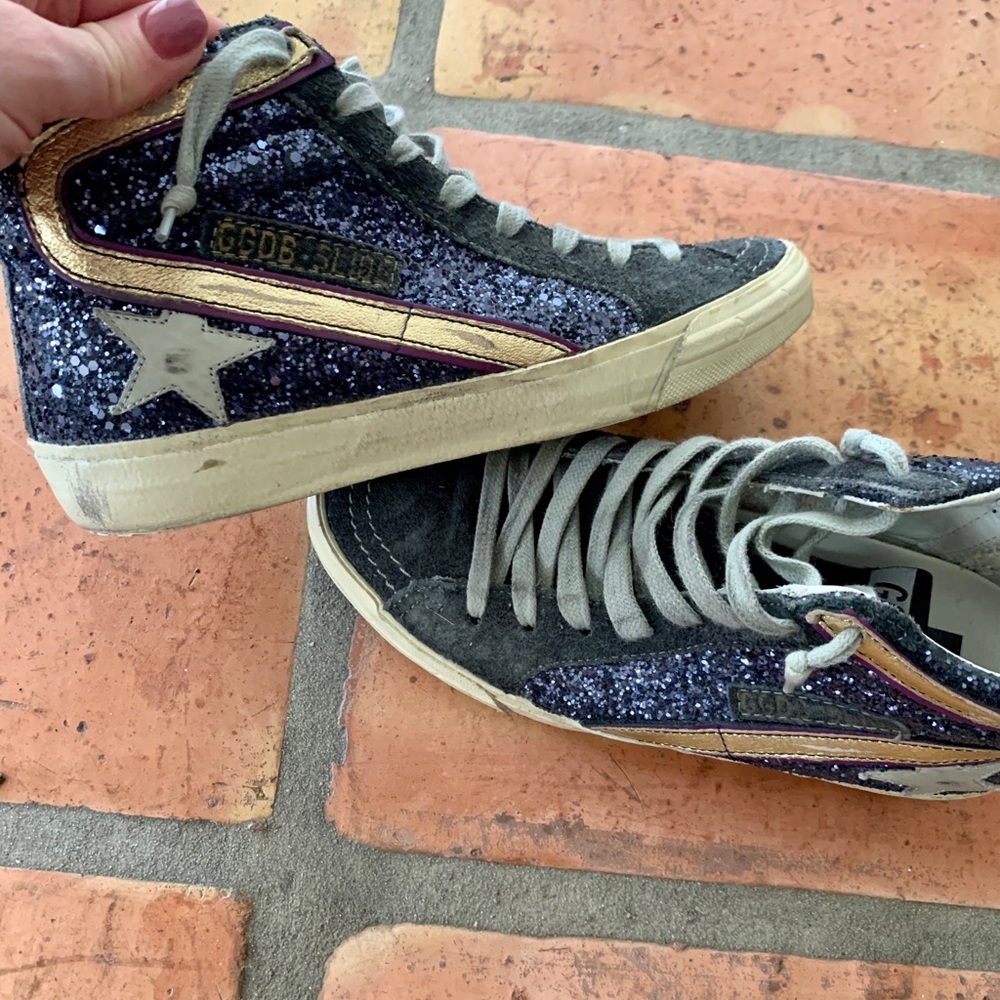 Golden Goose Purple Glitter & Gold Sneakers
